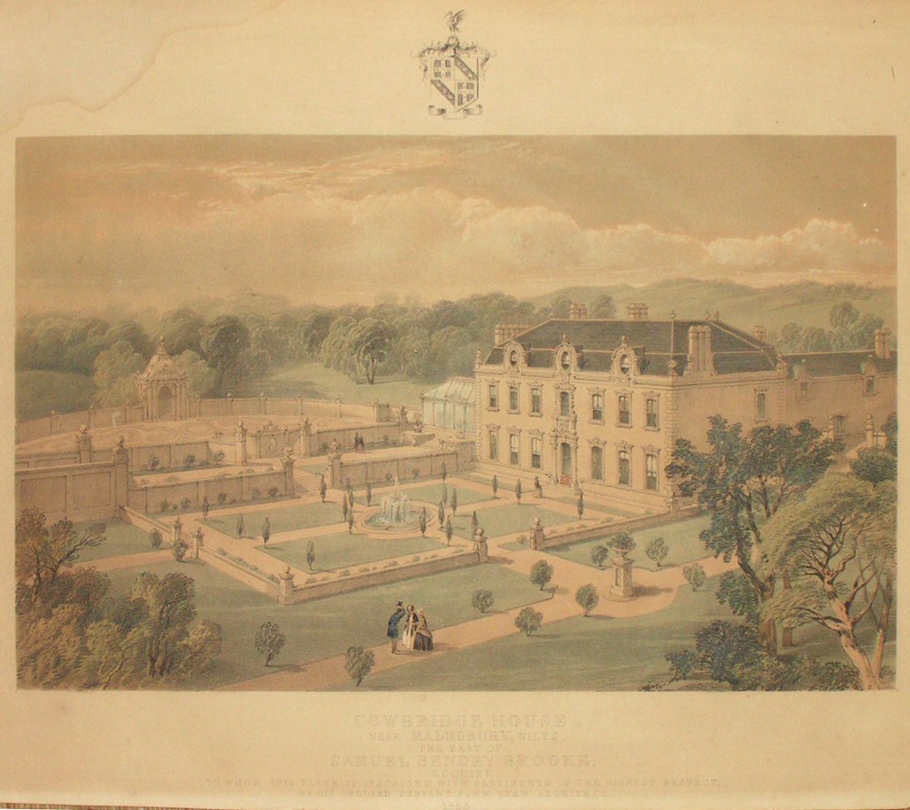 Lithograph - Cowbridge House near Malmesbury, Wilts, the Seat of Samuel Bendry Brooke Esquire. To whom this is inscribed with sentiments of the highest respect by his obliged servant John Shaw Architect 1853.